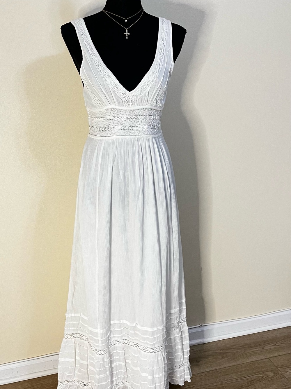Free People White V-Neck Maxi Dress with Smocked Waistband